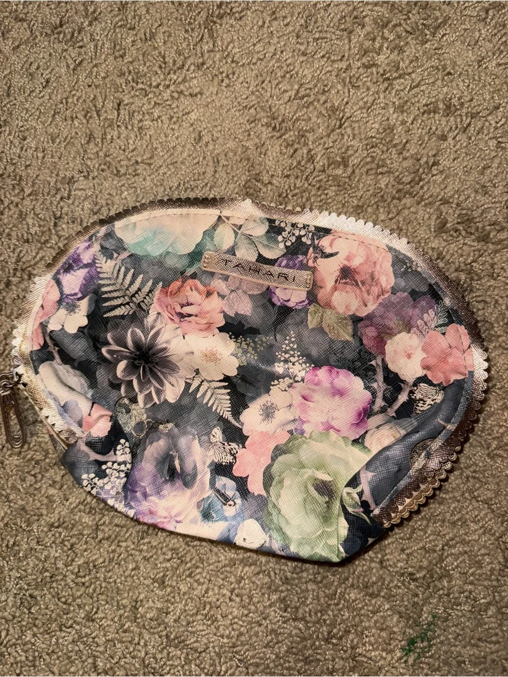 Tahari Navy Floral Zip Cosmetic Pouch with Pastel Accents